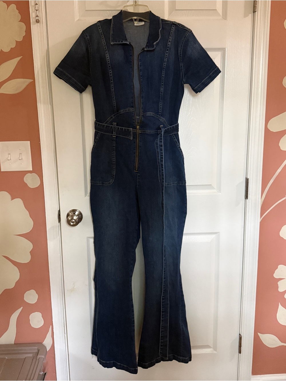 SukiSo Dark Blue Denim Zip Up Short-Sleeve Jumpsuit